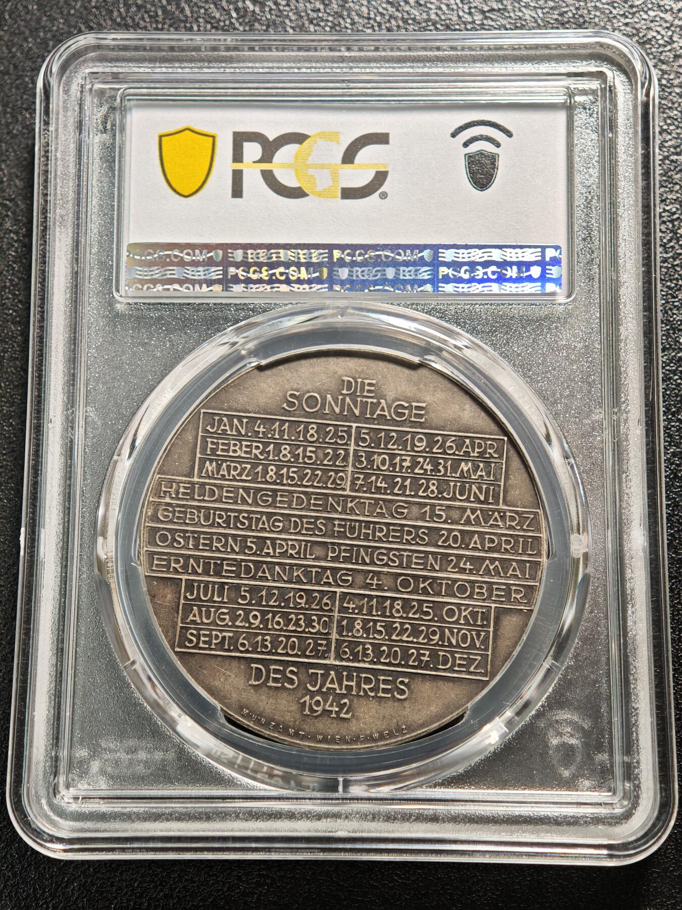 【德藏】世界币章拍卖第164期（拍品征集中~欢迎藏友联系） 1942年 德国民族社会主义工人党占领奥地利时期墨丘利日历纪念银章 PCGS SP62