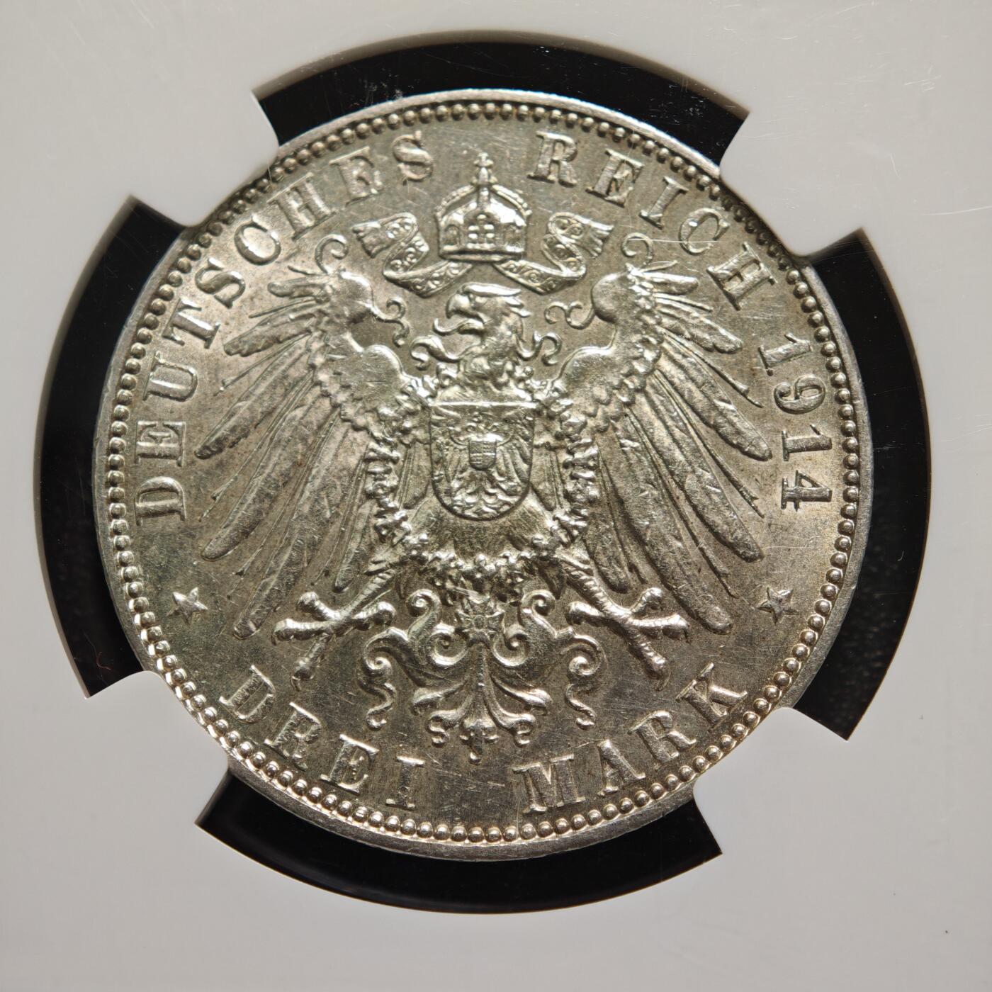 【德藏】世界币章拍卖第164期（拍品征集中~欢迎藏友联系） 1914年 德国汉堡3马克银币 NGC MS61