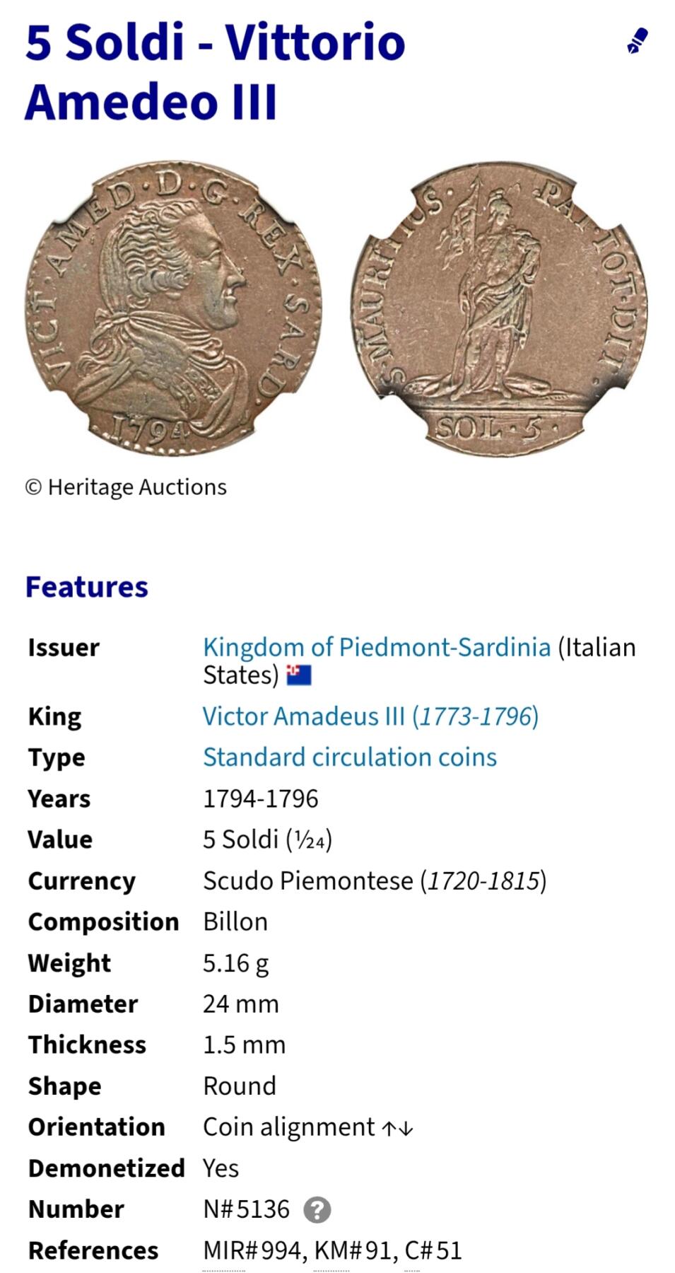 2026年第十九场(总第一百八十八场）外国好品散币场(免佣金) 少见品种–意大利邦国，皮埃蒙特-撒丁王国1795年5索尔迪银币(维托里奥·阿梅迪奥三世时期，仅发行3年，Billon银合金材质)