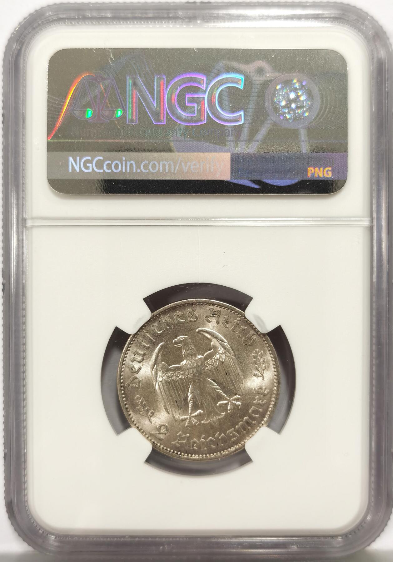 博洋堂“心向春光”2月精品大拍专场暨第160期（全场包邮） NGC MS63 德国1934年席勒2马克纪念银币，转光非常好，比较少见的品种，略有严评