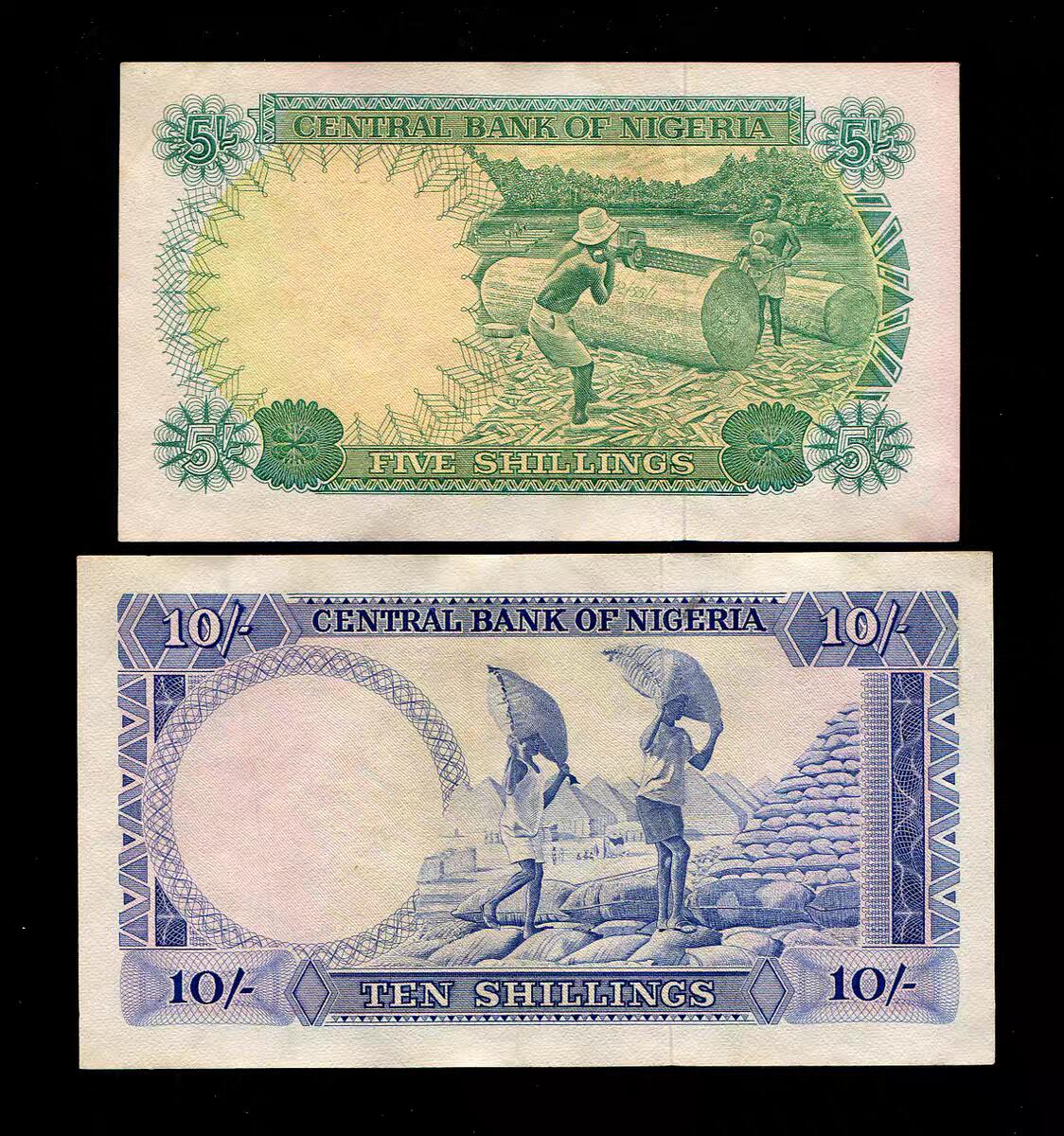 2月4号晚上8点 外国纸币自动截拍第17场 尼日利亚 1968年5先令 10先令 近新AU 一对 稀少早期英镑制