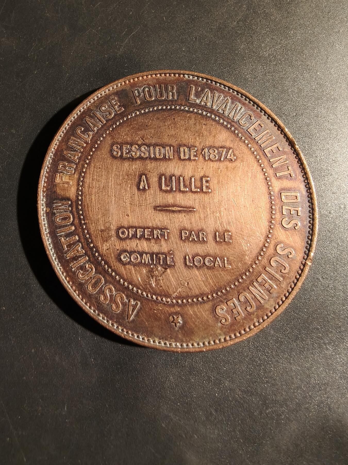 老王徽章第180期 法国科学促进协会1874年里尔会议大铜章     原盒     蜜蜂Cuivre铜标     直径60mm     .重量97.8g