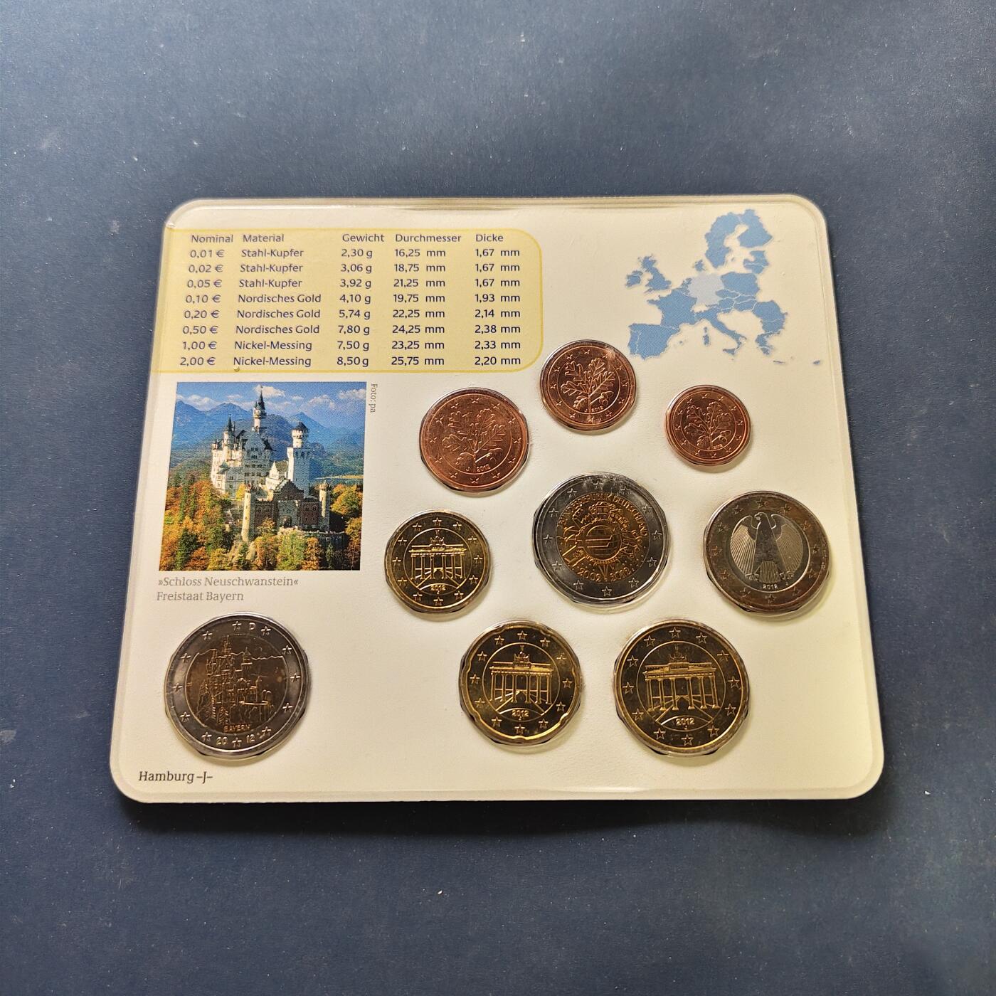 【全场包邮】纯粹捡漏拍501场-持续更新中 德国2012年J厂官方封装套币-含欧元十周年+巴伐利亚州新天鹅堡2枚纪念币（本年度未发行流通2欧）