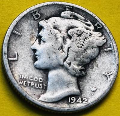 文馨钱币收藏第 293 场，春节前最后一期全部发出，将不予寄存，请悉知 - 1942 年美国墨丘利小飞人 10 美分银币 2.5 克 900 银