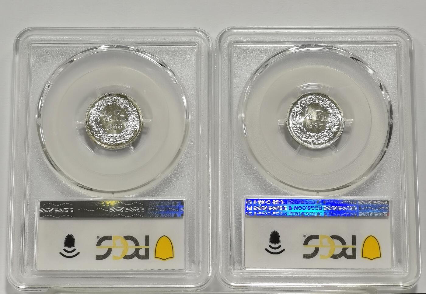 博洋堂“心向春光”2月精品大拍专场暨第160期（全场包邮） PCGS MS67 瑞士1966/67年1/2法郎二枚一组