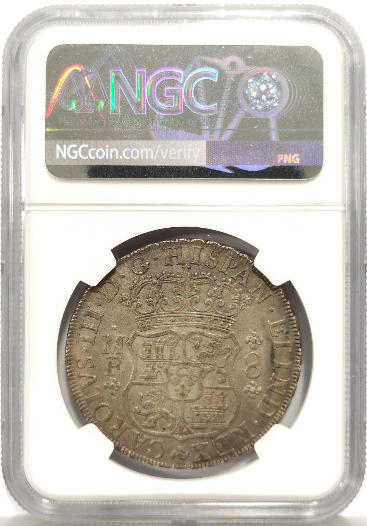 博洋堂“心向春光”2月精品大拍专场暨第160期（全场包邮） NGC AU 西属墨西哥1763年MO MF卡洛斯三世地球双柱8R，原味深打，感觉被错杀