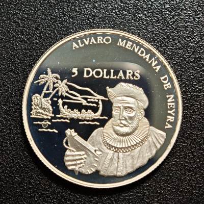 【德藏】世界币章拍卖第164期（拍品征集中~欢迎藏友联系） - 1994年 所罗门群岛西班牙航海家阿尔瓦罗·德·门达尼亚-内拉发现所罗门群岛5元纪念银币 直径约：30mm；重约：10g