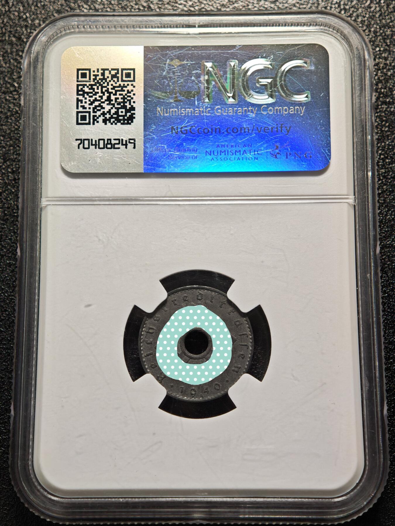 【德藏】世界币章拍卖第164期（拍品征集中~欢迎藏友联系） 1940年 德国民族社会主义工人党中孔5芬尼锌币 NGC AU55（原图请查询NGC官网）