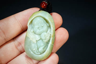 上海都达杂项专场四十七【全场包邮】  天然和田玉精雕《招财弥勒》挂件90-91