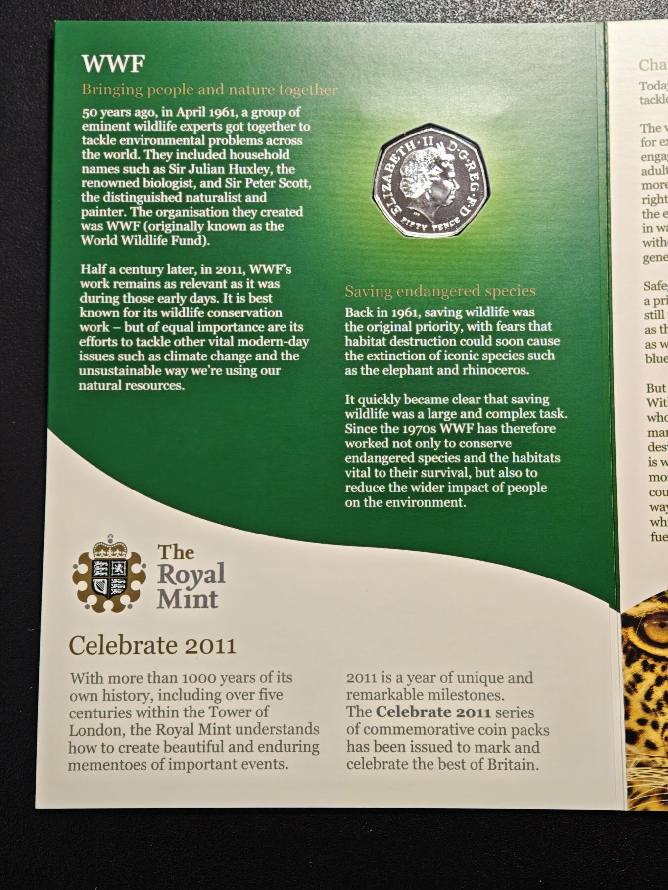 【德藏】世界币章拍卖第164期（拍品征集中~欢迎藏友联系） 2011年 英国世界自然基金会成立50周年50便士纪念镍币 原册 直径约：27.3mm；重约：8g