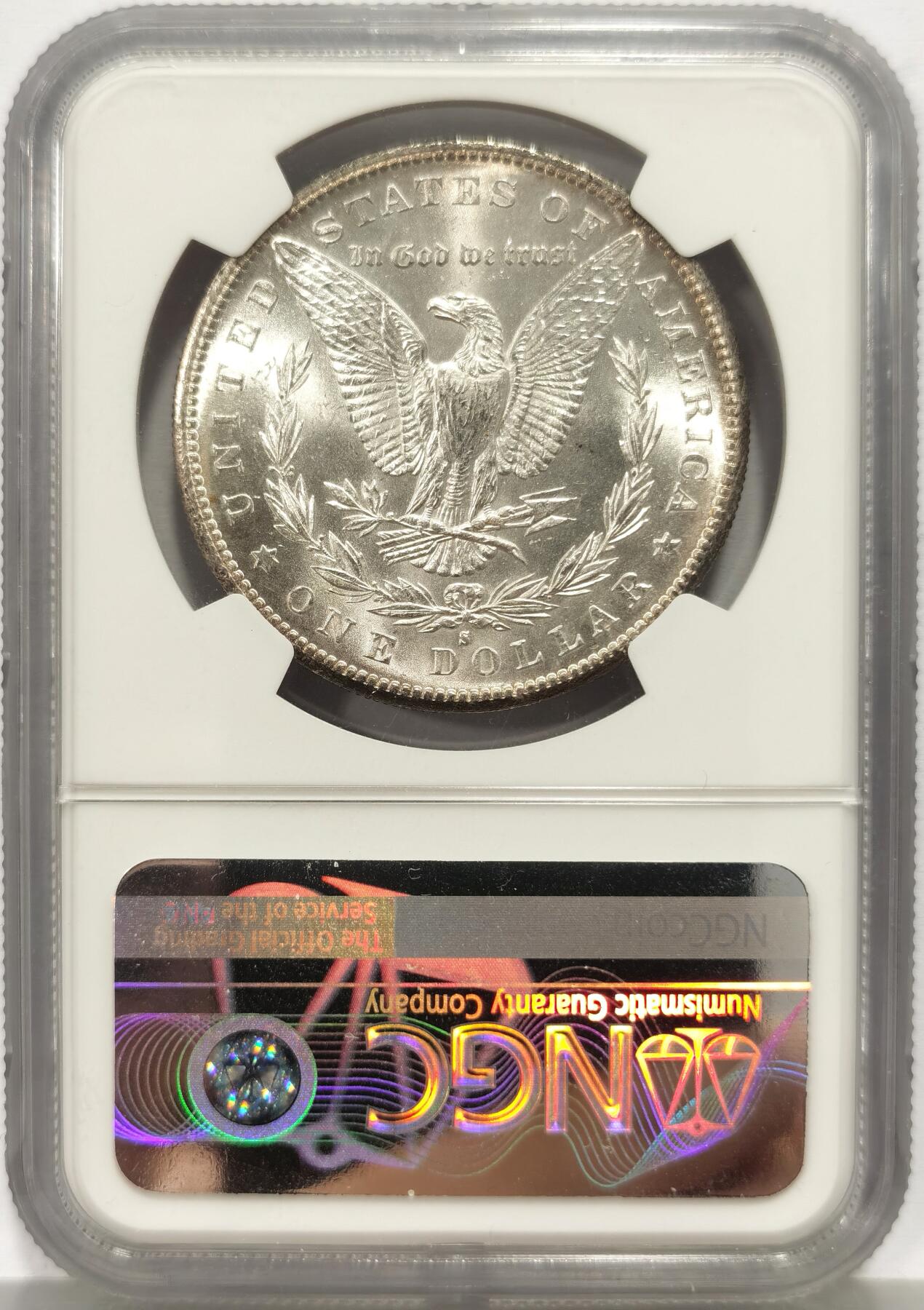 博洋堂“心向春光”2月精品大拍专场暨第160期（全场包邮） NGC MS65 美国1882年S版摩根银币，淡金彩，极美转光，打制上佳，一步到位的品相。