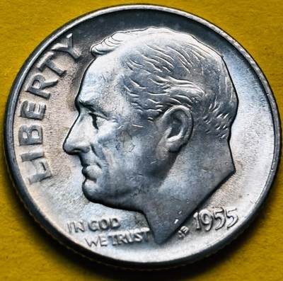 文馨钱币收藏第 293 场，春节前最后一期全部发出，将不予寄存，请悉知 - 原光好品 1955 年美国罗斯福 10 美分银币 S 版 2.5 克 900 银