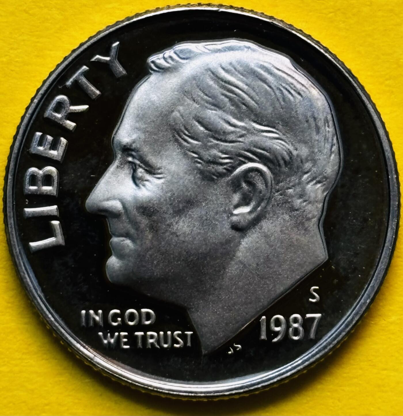 文馨钱币收藏第 293 场，春节前最后一期全部发出，将不予寄存，请悉知 全新 1987 年美国罗斯福 10 美分精制币 S 版 