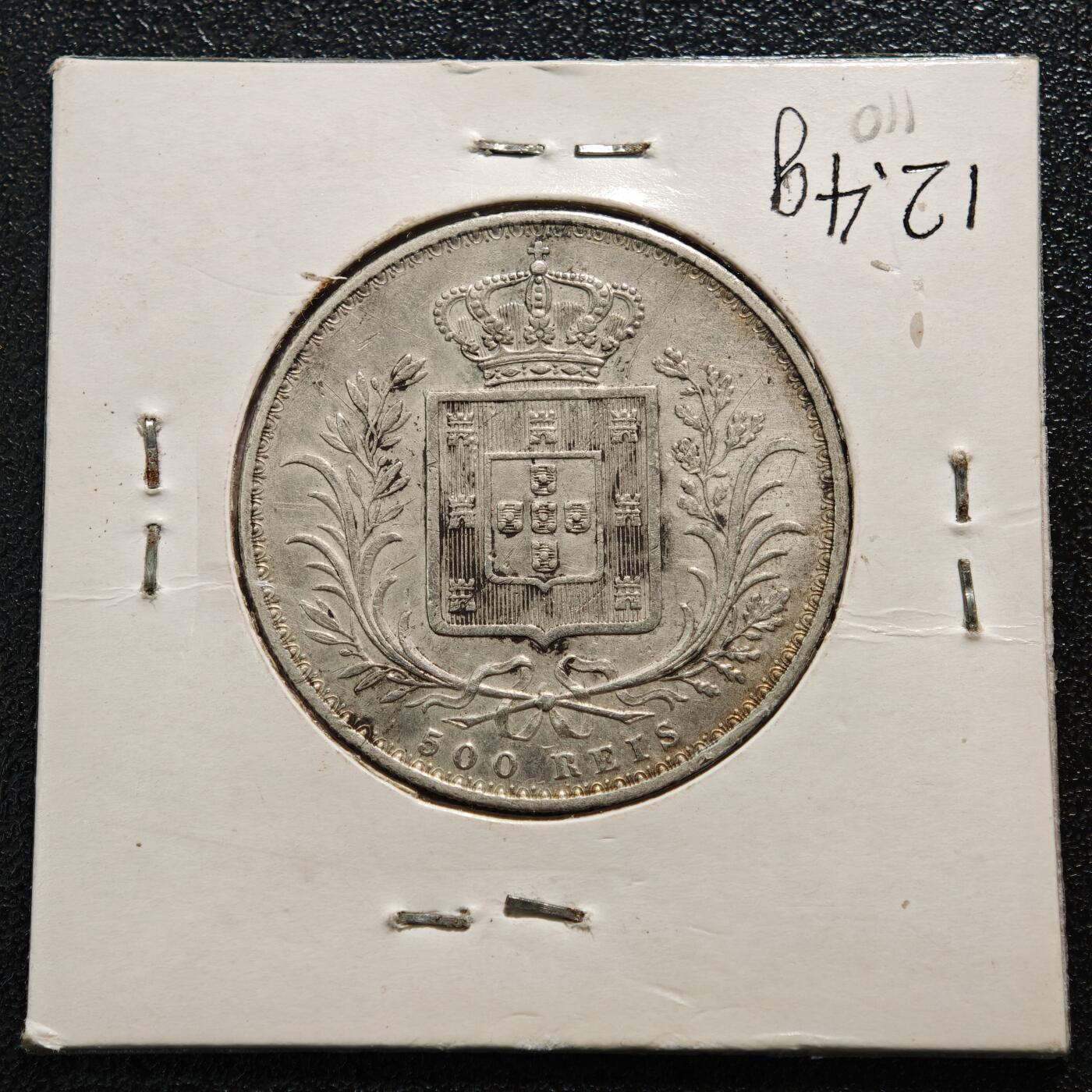 【德藏】世界币章拍卖第164期（拍品征集中~欢迎藏友联系） 老藏家集藏系列之-1889年 葡萄牙500瑞斯银币 917银 直径约：30mm；重约：12.5g 入册20余年·附有当年购入价