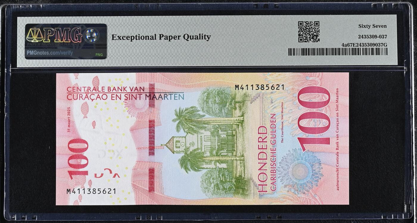 《艾美收藏》第231期-2.8周日外币精品(春节前收官)-世界最佳纸币特辑 库拉索和圣马丁2025年首发M4冠100盾PMG67E亚军分无47 鱼 Pick#4a