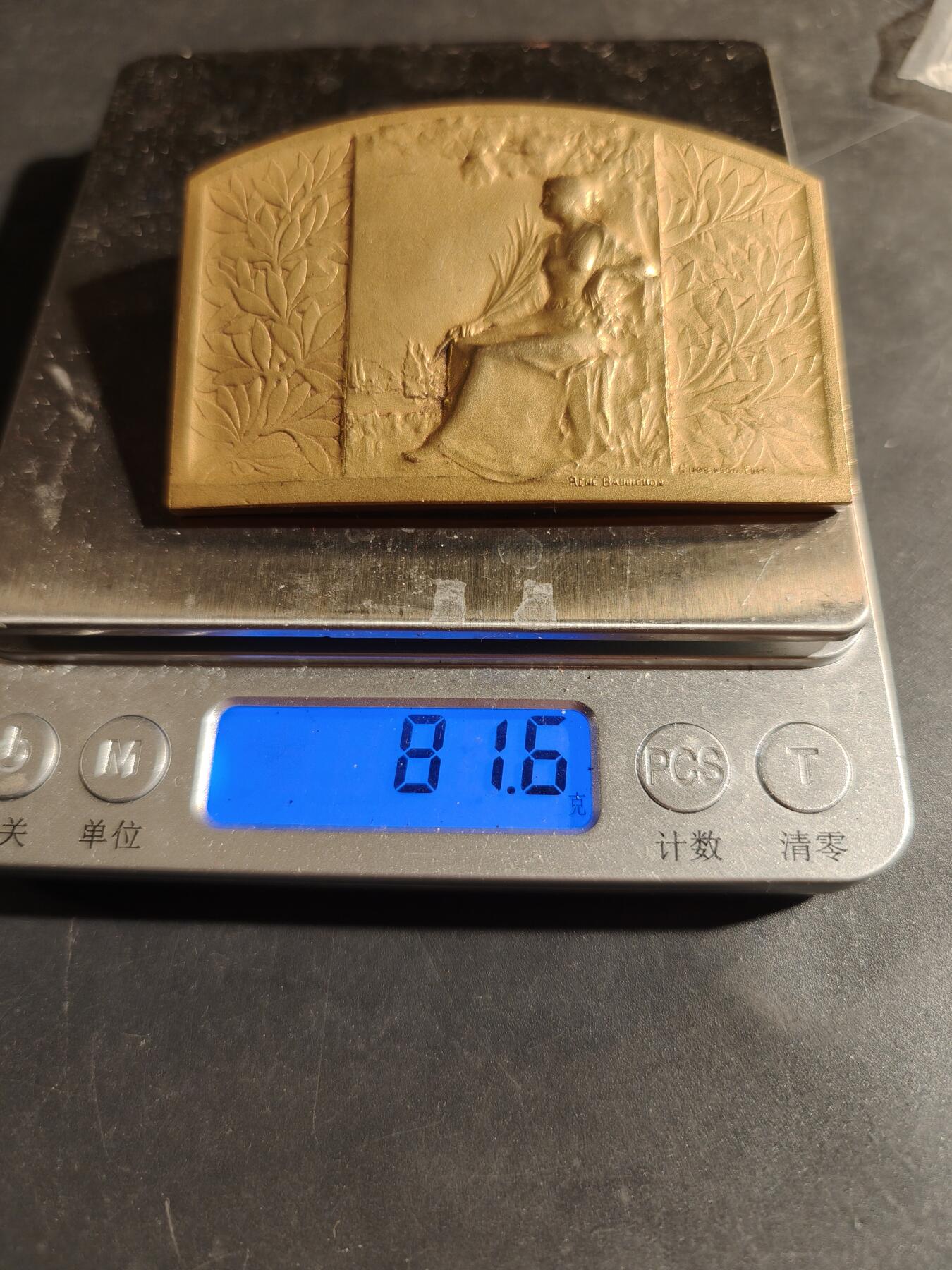 老王徽章第180期 法国玛丽安娜方形镀金大铜章    单面     尺寸75×49mm    重量81.6g