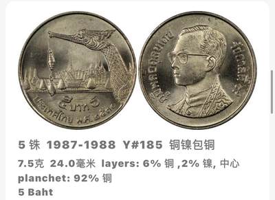 文馨钱币收藏第 293 场，春节前最后一期全部发出，将不予寄存，请悉知 - 少见好品泰国龙头在右 5 泰铢，直发行 2 年