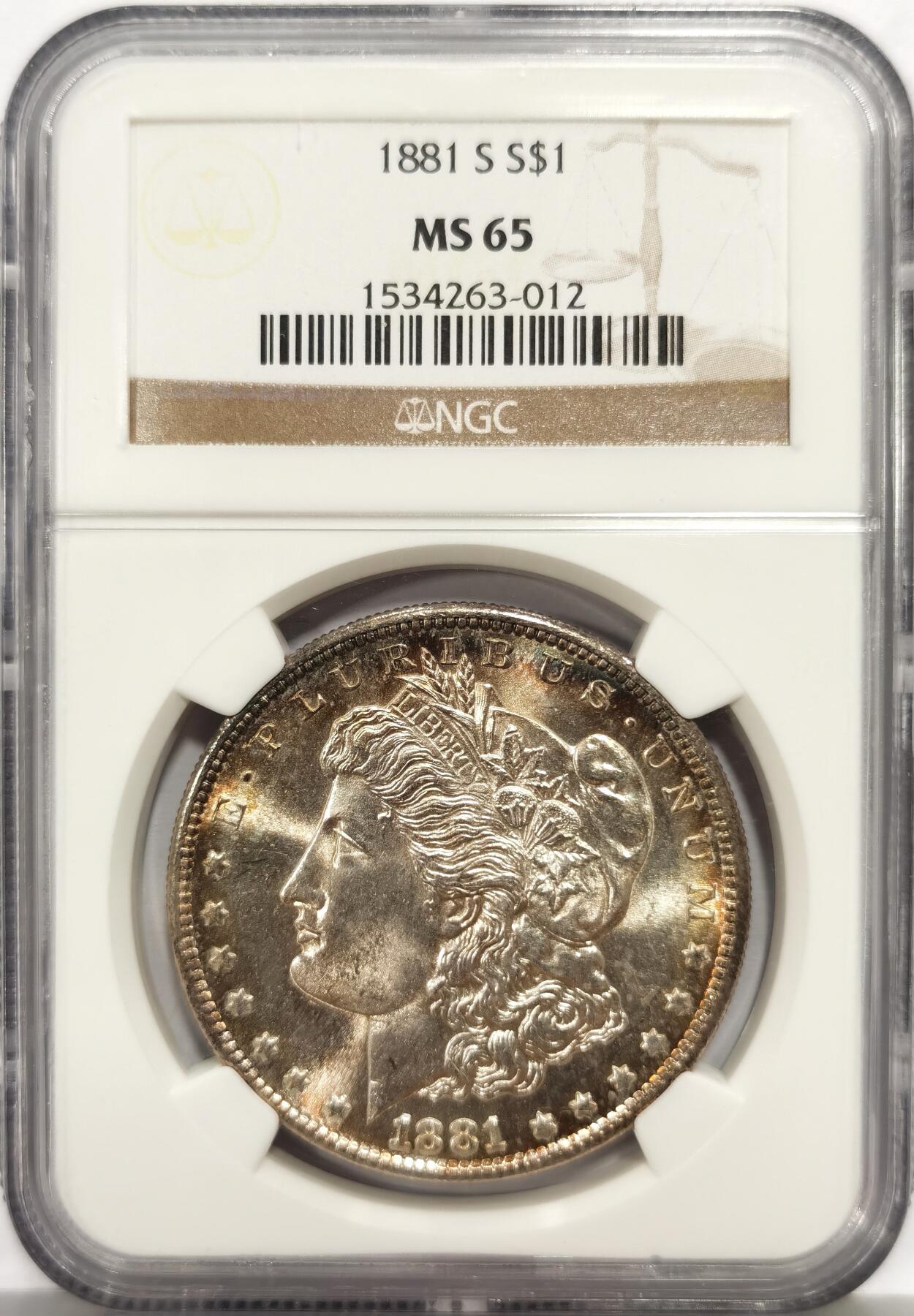 博洋堂“心向春光”2月精品大拍专场暨第160期（全场包邮） NGC MS65 美国1881年摩根银币S版，原汁原味老包浆，包浆醇厚润泽又犀利，极美五彩包浆，状态一流。