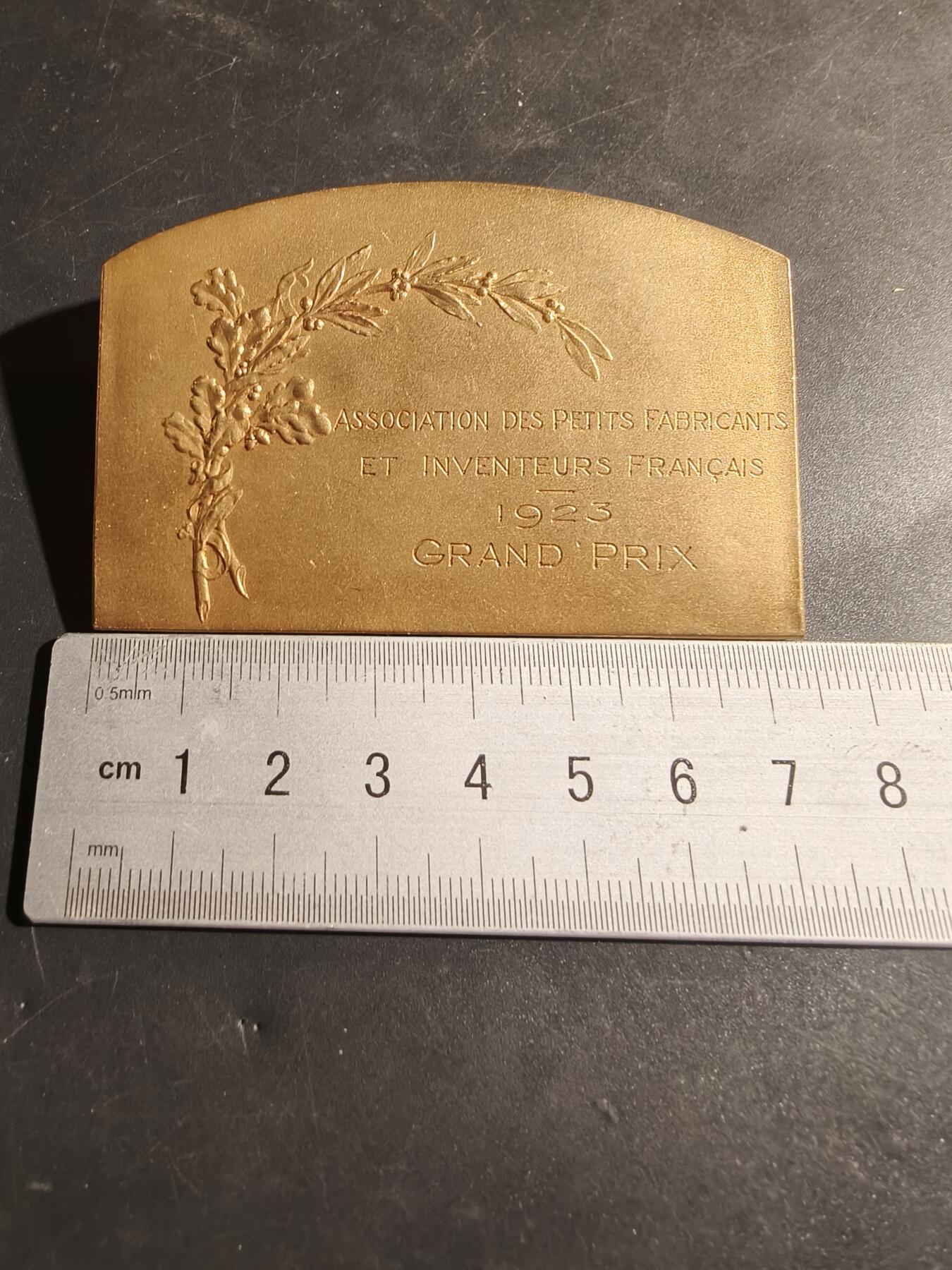 老王徽章第180期 法国小型制造商与发明家协会大奖方形镀金大铜章   单面    尺寸75×48mm     重量79.8g