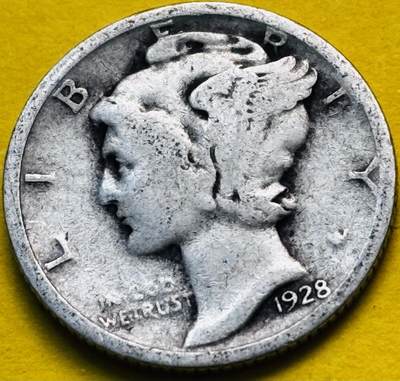 文馨钱币收藏第 293 场，春节前最后一期全部发出，将不予寄存，请悉知 - 1928 年美国墨丘利小飞人 10 美分银币 2.5 克 900 银