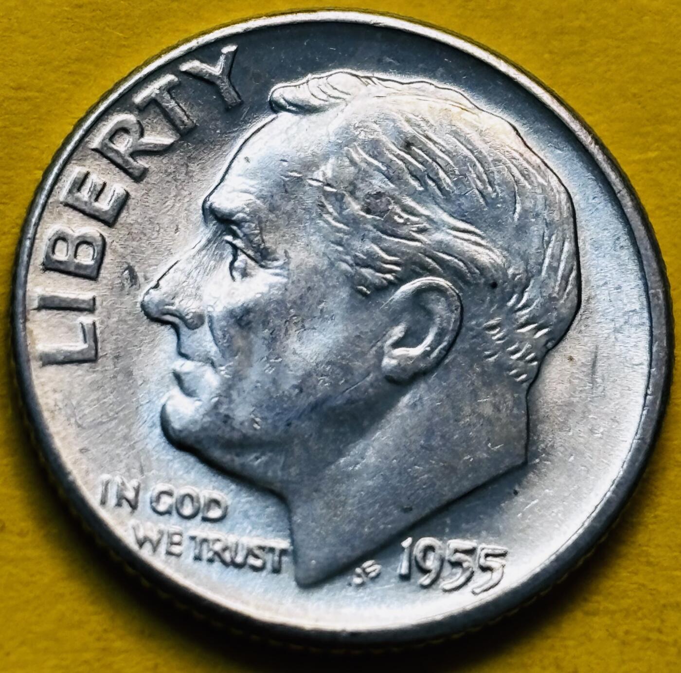 文馨钱币收藏第 293 场，春节前最后一期全部发出，将不予寄存，请悉知 原光好品 1955 年美国罗斯福 10 美分银币 D 版 2.5 克 900 银