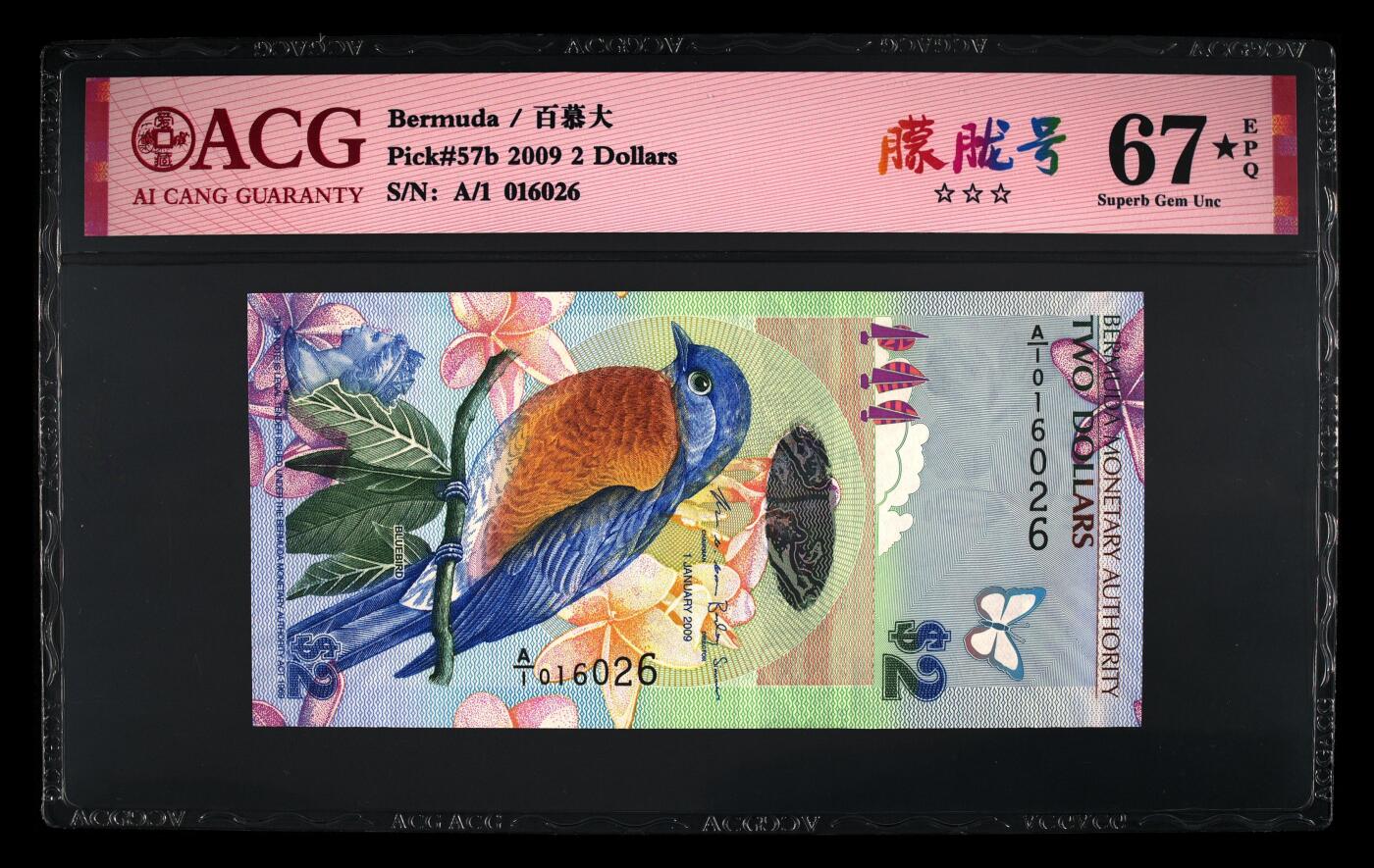 《艾美收藏》第231期-2.8周日外币精品(春节前收官)-世界最佳纸币特辑 百慕大2009年A1冠2元爱藏评级67E无47 Pick#57b