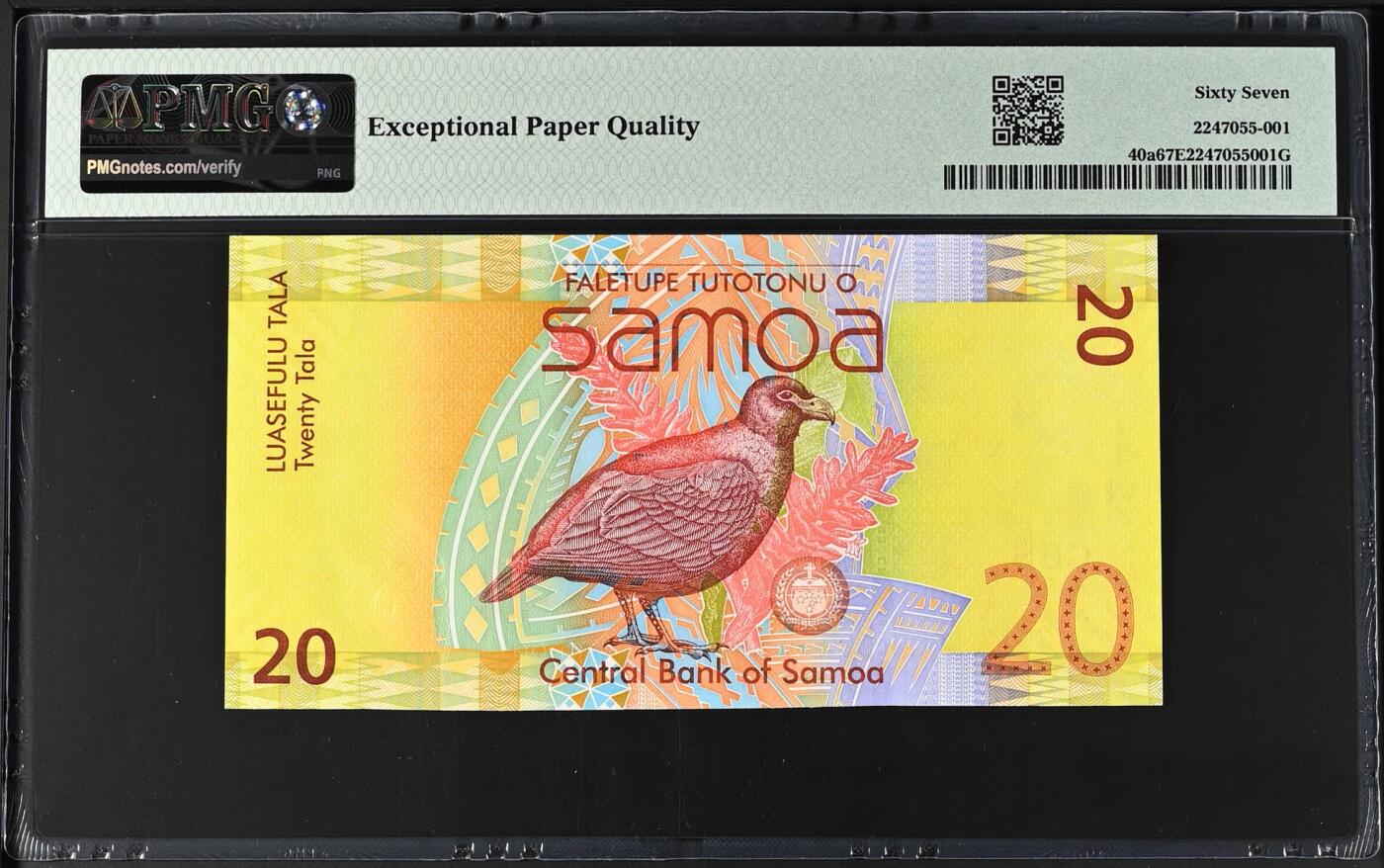 《艾美收藏》第231期-2.8周日外币精品(春节前收官)-世界最佳纸币特辑 萨摩亚2008年首发年初版首发KT冠20塔拉PMG67E亚军分超靓千位2810号，难上分品种 冠军68分仅6张，漂亮的齿嘴鸠，08年IBNS获奖钞 Pick#40a