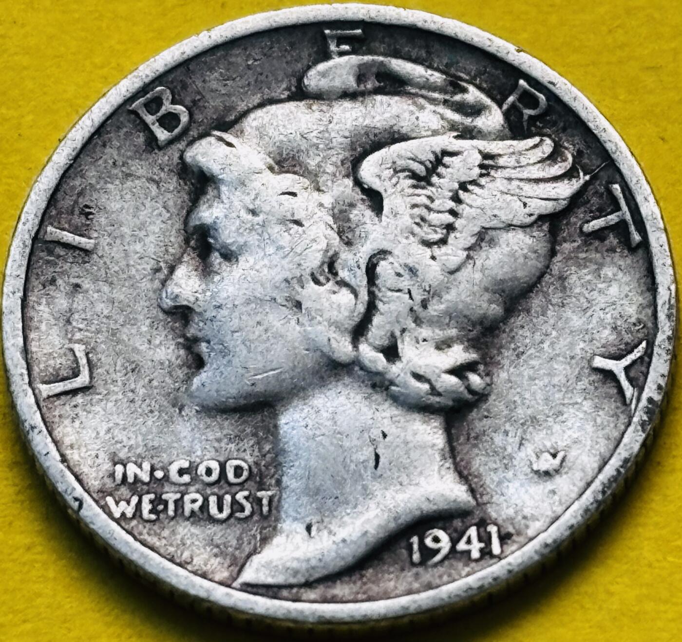 文馨钱币收藏第 293 场，春节前最后一期全部发出，将不予寄存，请悉知 1941 年美国墨丘利小飞人 10 美分银币 2.5 克 900 银 S 版