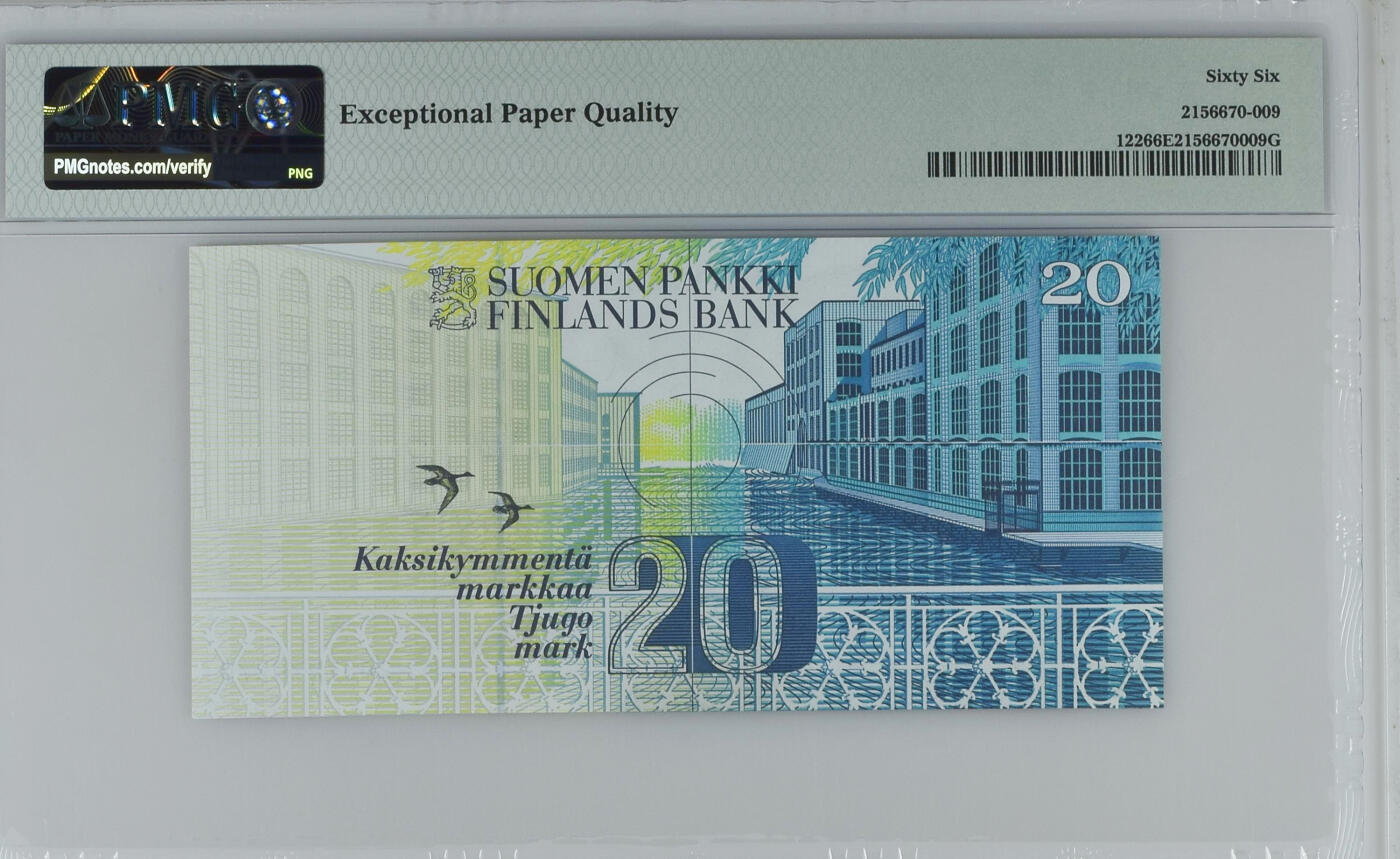 《艾美收藏》第231期-2.8周日外币精品(春节前收官)-世界最佳纸币特辑 芬兰1993年20马克PMG66E无4 难上分品种 芬兰作家 科学院院士瓦依诺·林纳 Pick#122