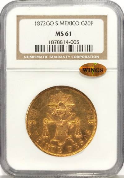 博洋堂“心向春光”2月精品大拍专场暨第160期（全场包邮） - NGC MS61 墨西哥1872GO S天平鹰洋20比索大金币 经典小白盒好状态 背面鹰全羽毛 低评带wings金标