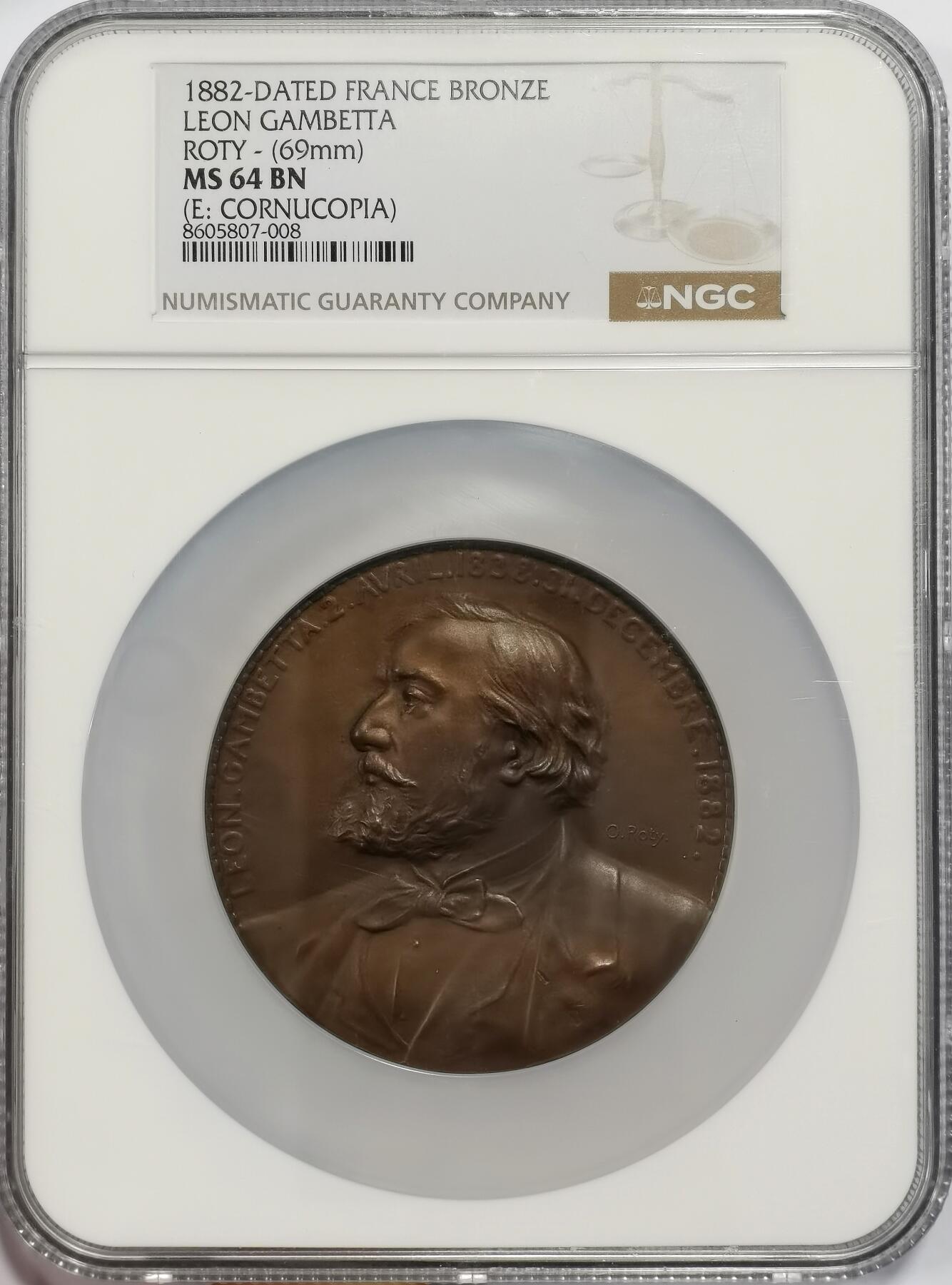 博洋堂“心向春光”2月精品大拍专场暨第160期（全场包邮） NGC MS64BN 法国1882年政治家莱昂·甘必大逝世纪念铜章，69mm（大师罗蒂作品）