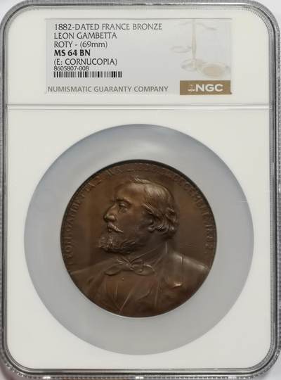 博洋堂“心向春光”2月精品大拍专场暨第160期（全场包邮） - NGC MS64BN 法国1882年政治家莱昂·甘必大逝世纪念铜章，69mm（大师罗蒂作品）