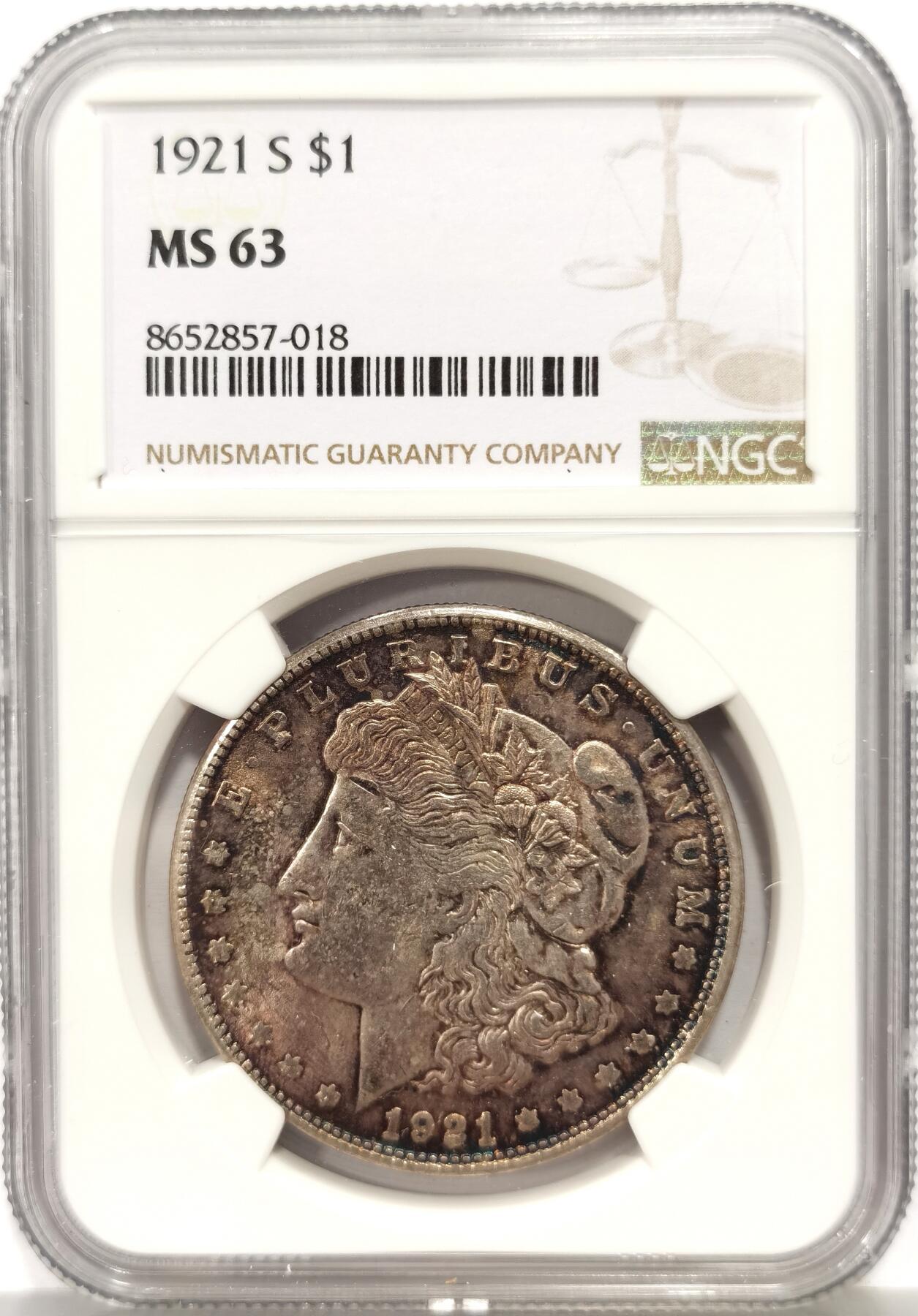 博洋堂“心向春光”2月精品大拍专场暨第160期（全场包邮） NGC MS63 美国1921年S版摩根银币，极美五彩，少见版别。