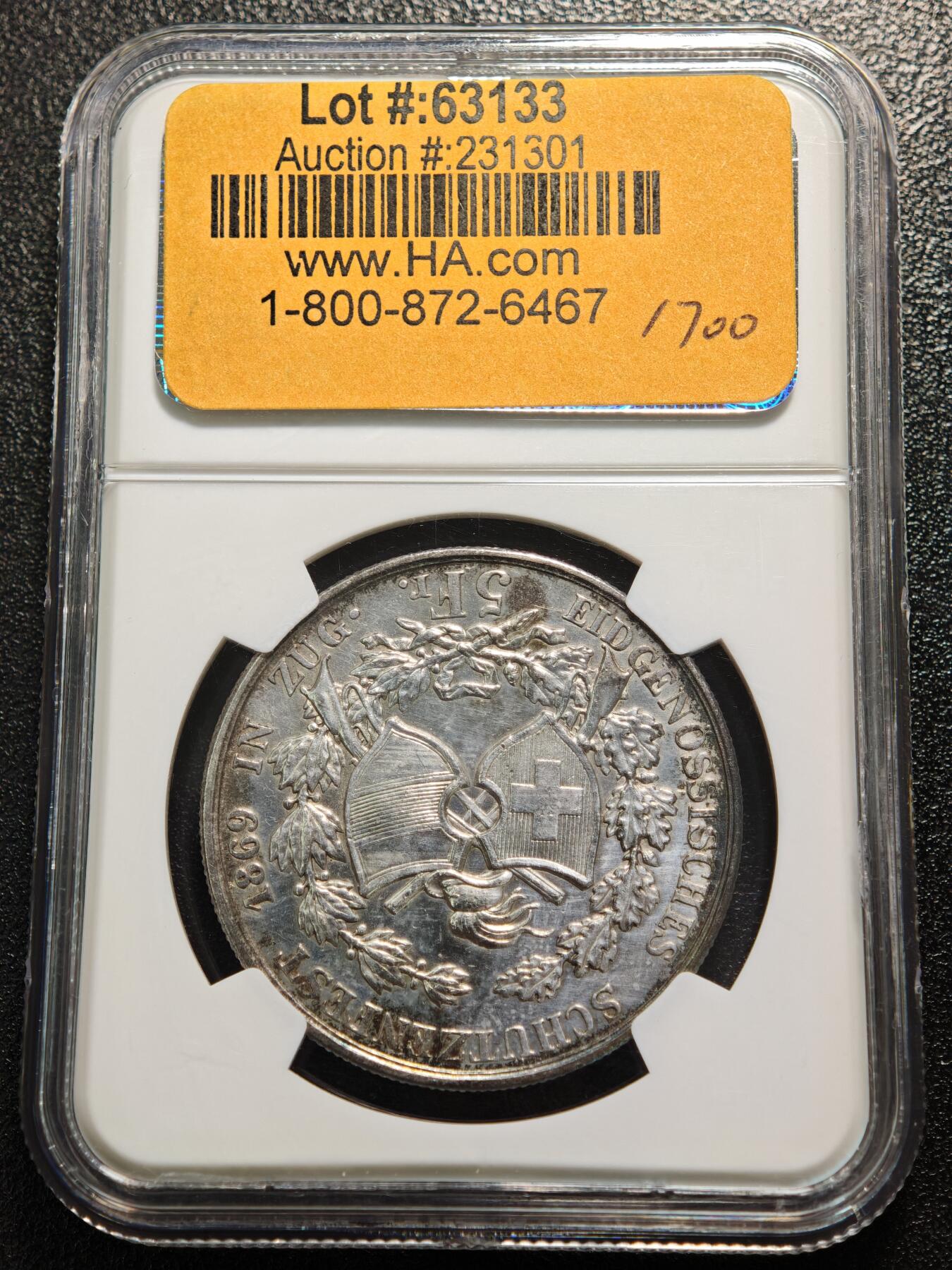 【德藏】世界币章拍卖第164期（拍品征集中~欢迎藏友联系） 1869年 瑞士楚格射击节5法郎银币 发行量6000枚 NGC AU 珍惜品种