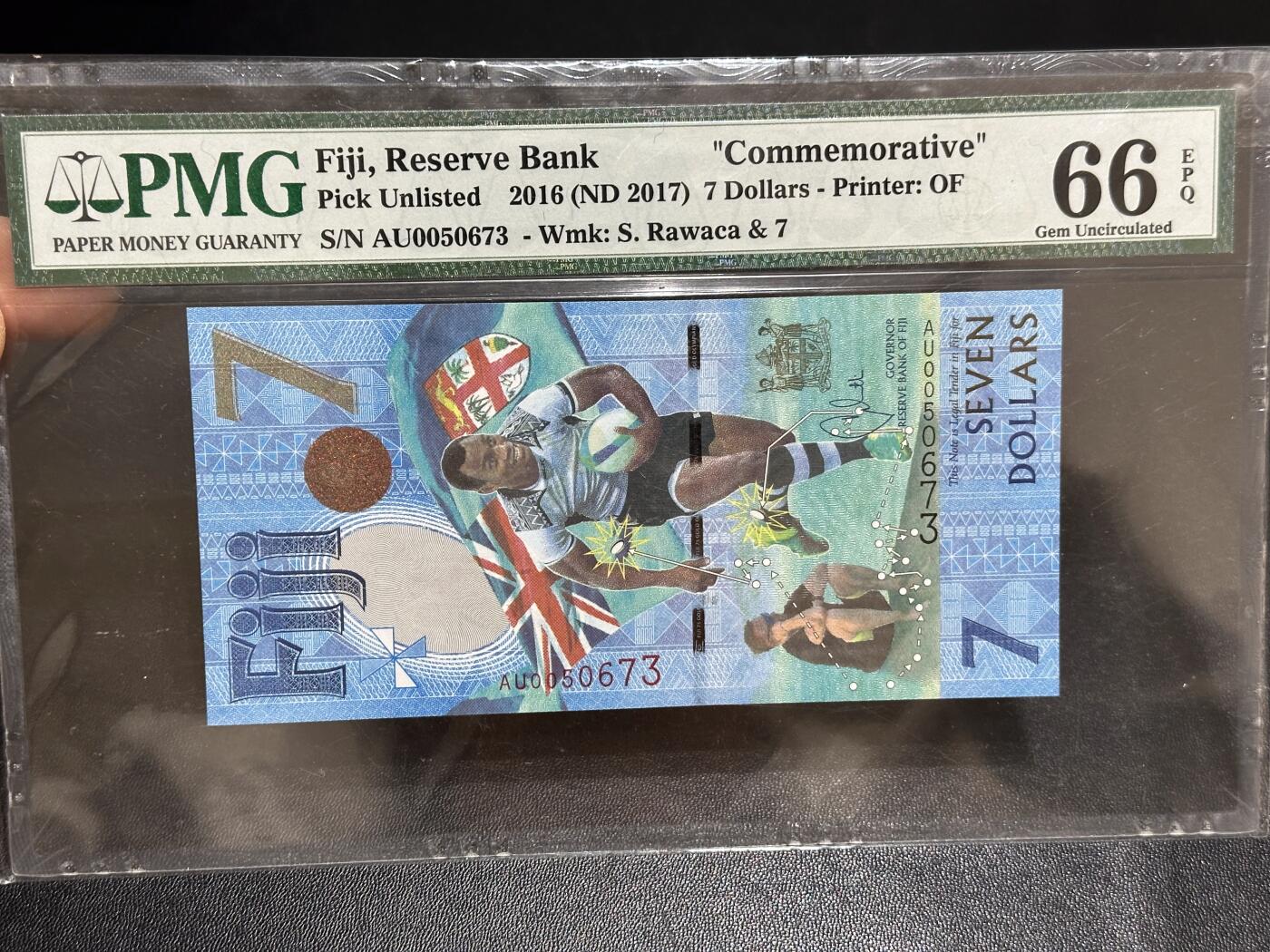 《外钞收藏家》第六百零八期（精选场）（本平台长期征集拍品、欢迎藏友们联系合作） 2016年斐济7元 PMG66 纪念钞