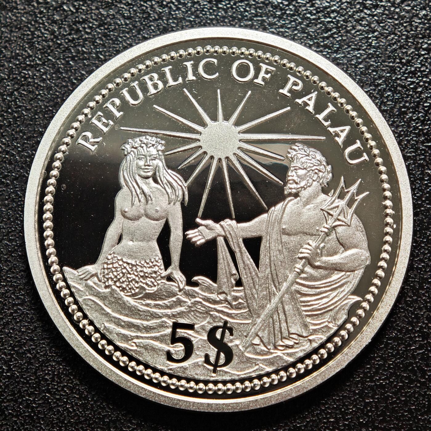 【德藏】世界币章拍卖第164期（拍品征集中~欢迎藏友联系） 1994年 帕劳菊石5元彩色纪念银币 900银 直径约：37.2mm；重约：25.1g