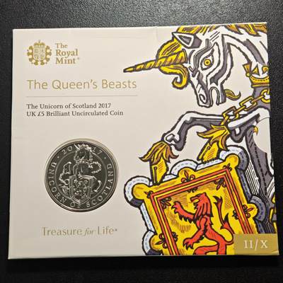 【德藏】世界币章拍卖第164期（拍品征集中~欢迎藏友联系） - 2017年 英国女王的神兽苏格兰独角兽5英镑纪念镍币 原册 直径约：38.61mm；重约：28.28g