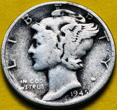 文馨钱币收藏第 293 场，春节前最后一期全部发出，将不予寄存，请悉知 - 1945 年美国墨丘利小飞人 10 美分银币 2.5 克 900 银