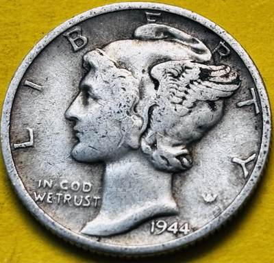 文馨钱币收藏第 293 场，春节前最后一期全部发出，将不予寄存，请悉知 - 1944 年美国墨丘利小飞人 10 美分银币 2.5 克 900 银 D 版