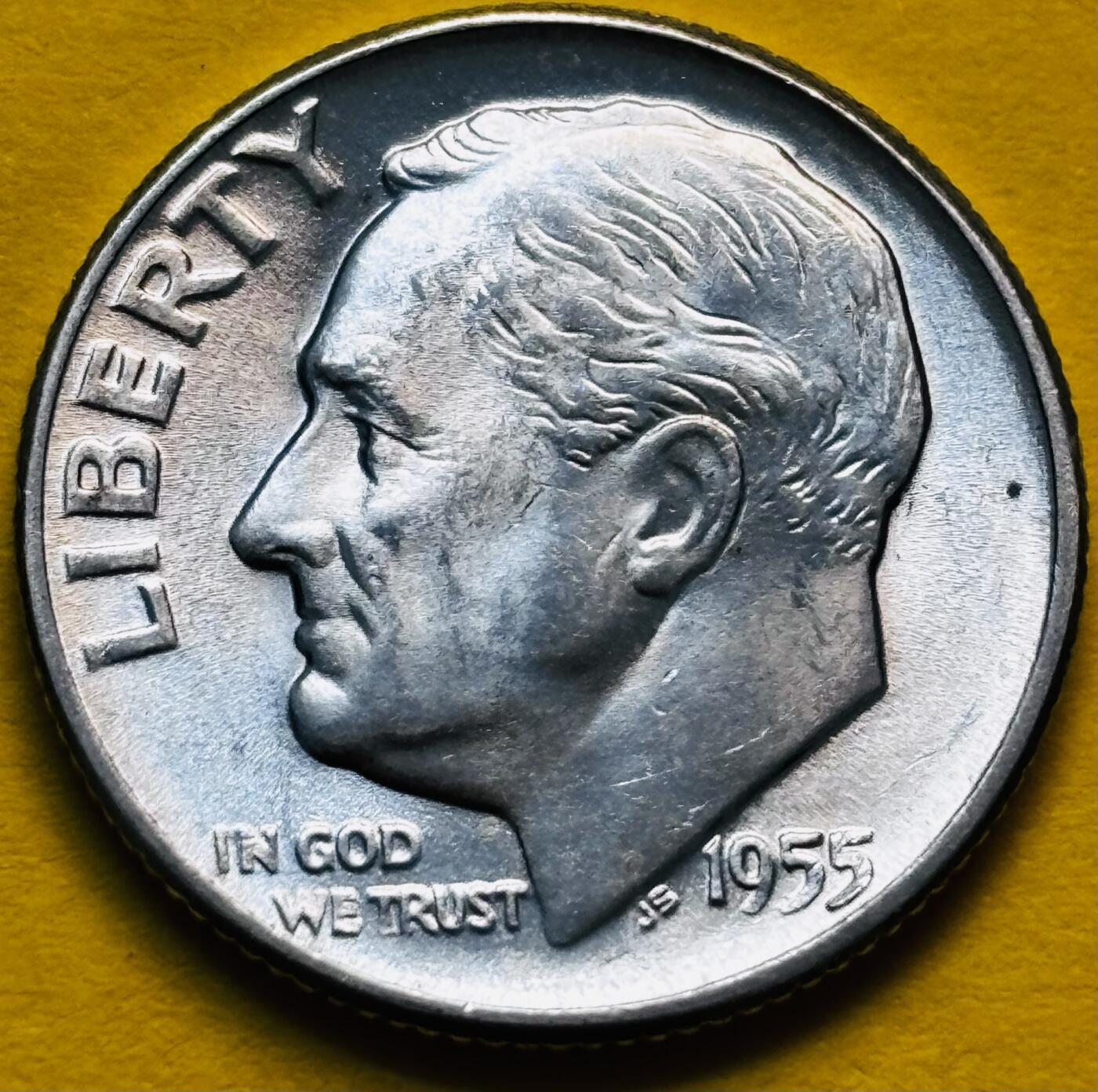 文馨钱币收藏第 293 场，春节前最后一期全部发出，将不予寄存，请悉知 原光好品 1955 年美国罗斯福 10 美分银币  2.5 克 900 银