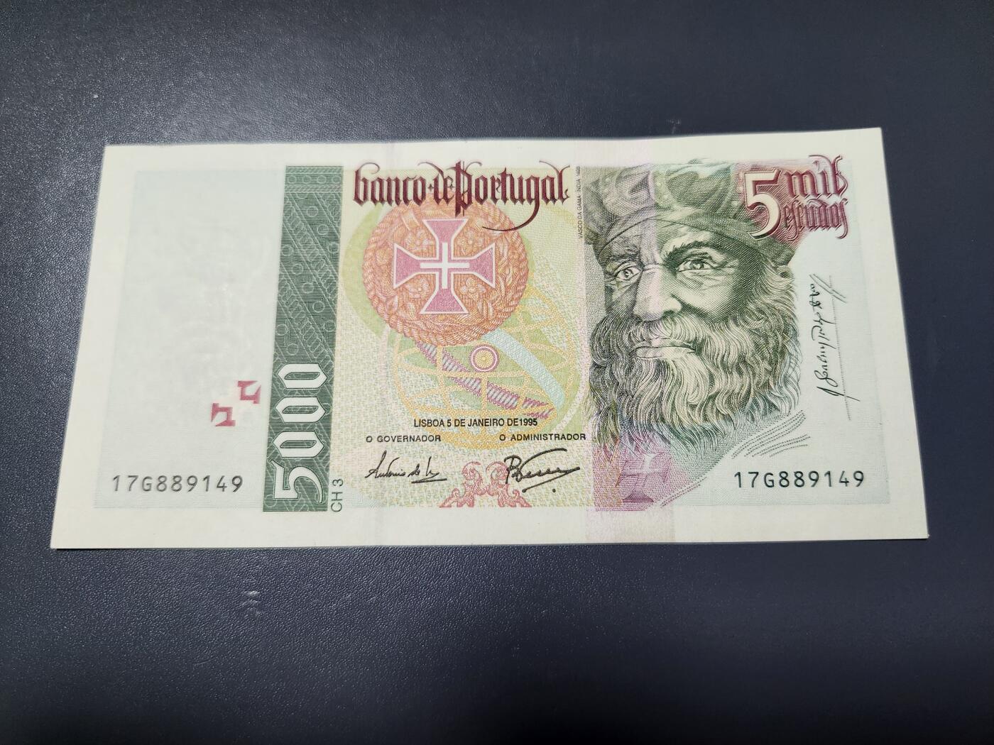 2月6号晚上8点 外国纸币自动截拍第19场 葡萄牙 1995年版 5000埃斯库多 (航海家 达伽马) 初版首年份 几乎全新