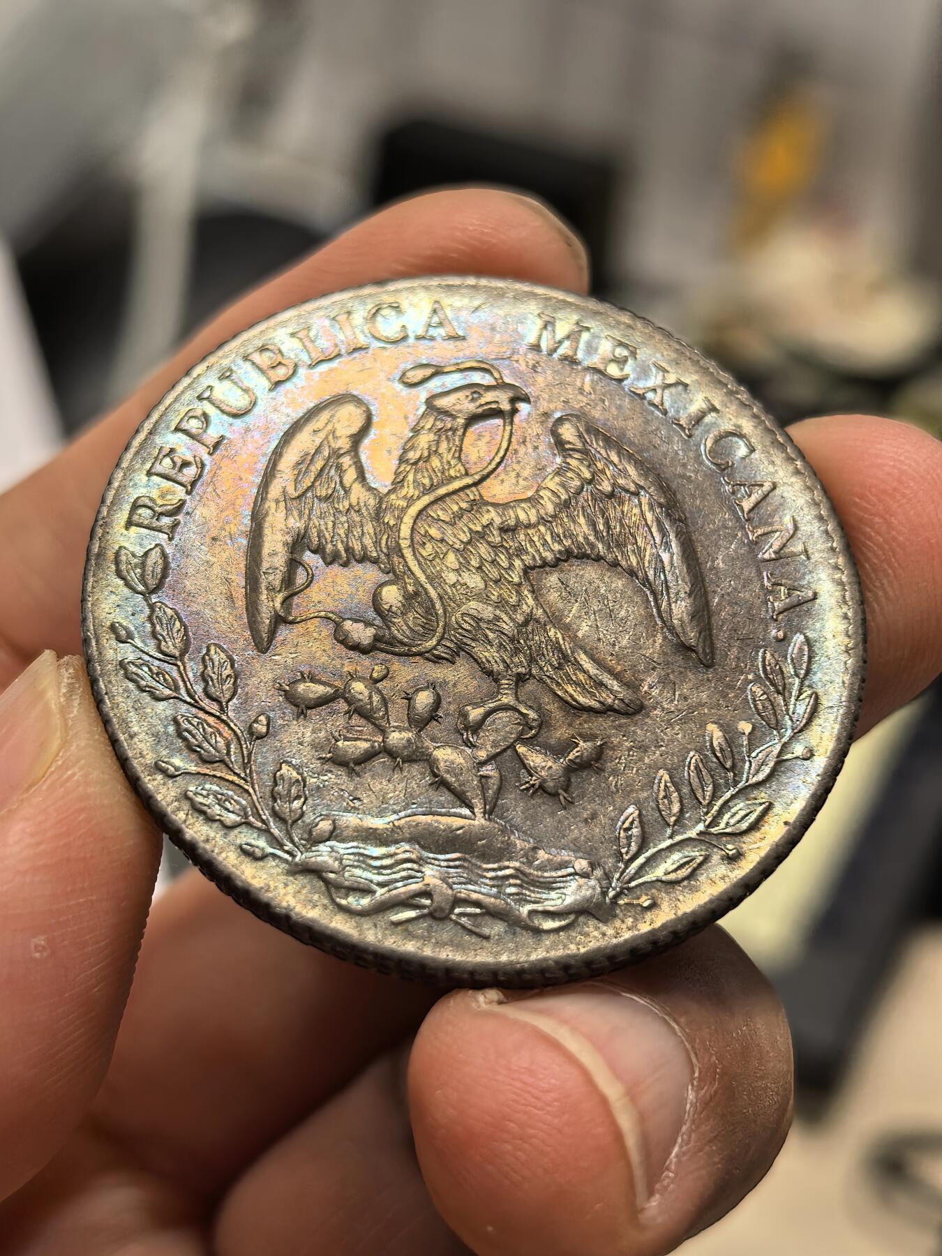 博洋堂“心向春光”2月精品大拍专场暨第160期（全场包邮） 墨西哥1897年GO RS版鹰洋，非常绚丽的五彩包浆，正面的环五彩更是一绝，出ms的品相