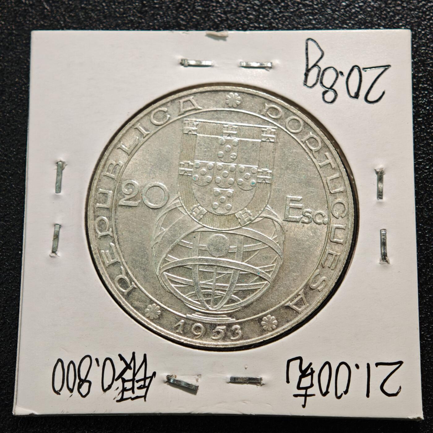 【德藏】世界币章拍卖第164期（拍品征集中~欢迎藏友联系） 老藏家集藏系列之-1953年 葡萄牙金融改革25周年20埃斯库多纪念银币 800银 直径约：34mm；重约：21g 入册20余年·附有当年购入价