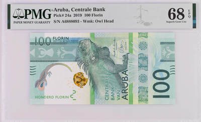 《艾美收藏》第231期-2.8周日外币精品(春节前收官)-世界最佳纸币特辑 - 阿鲁巴2019年首发年初版首发A冠100福林PMG68E高分无47 更高分仅9张 大蜥蜴，19年IBNS获奖钞 Pick#24a