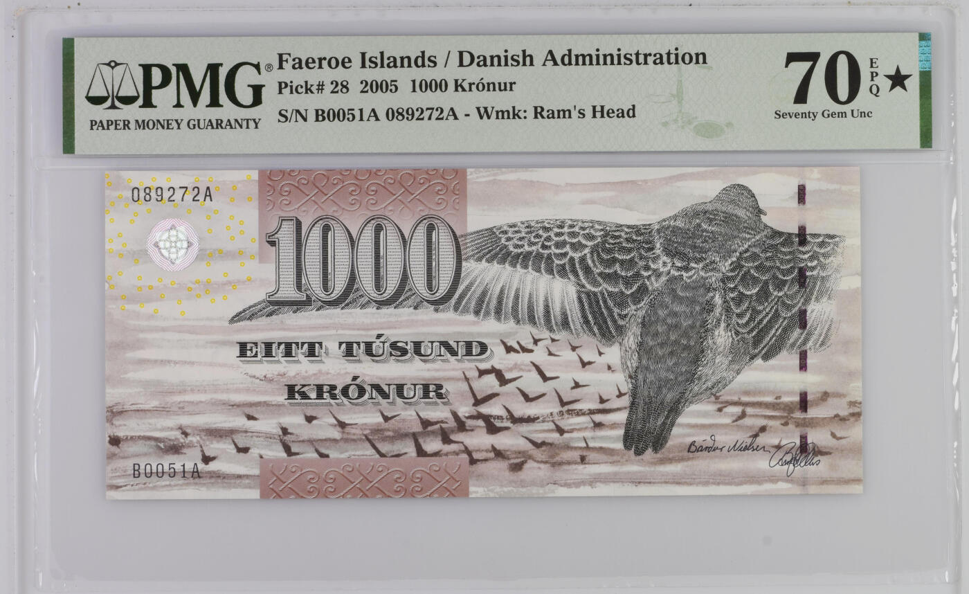 《艾美收藏》第231期-2.8周日外币精品(春节前收官)-世界最佳纸币特辑 法罗群岛2005年首发年初版细安全线非常少见首发B0051A冠1000克朗最高值PMG70E满分冠军分无4 05年IBNS获奖钞 经典大鹏展翅 Pick#28