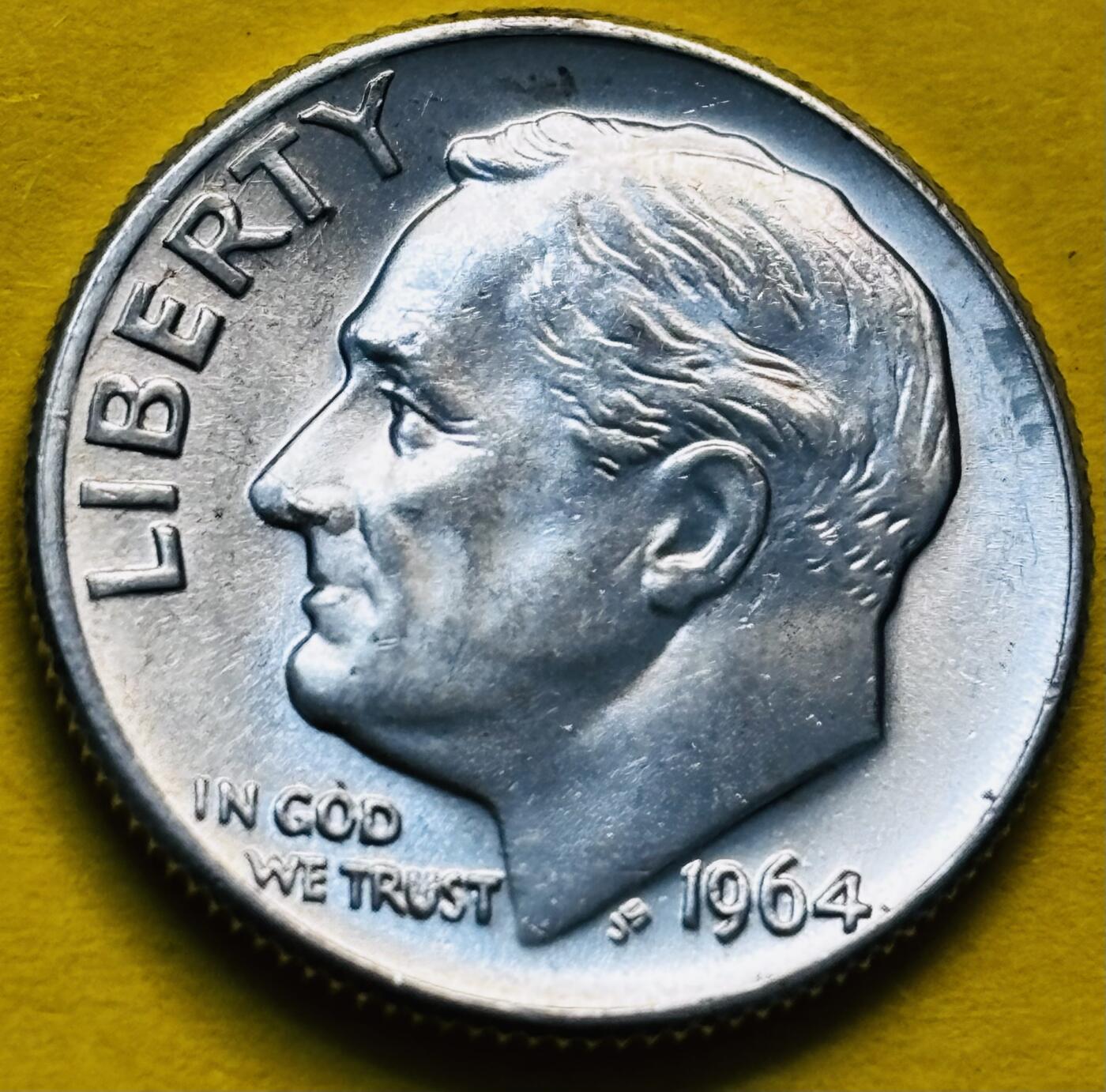 文馨钱币收藏第 293 场，春节前最后一期全部发出，将不予寄存，请悉知 原光好品 1964 年美国罗斯福 10 美分银币 D 版 2.5 克 900 银