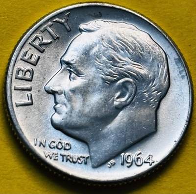 文馨钱币收藏第 293 场，春节前最后一期全部发出，将不予寄存，请悉知 - 原光好品 1964 年美国罗斯福 10 美分银币 D 版 2.5 克 900 银