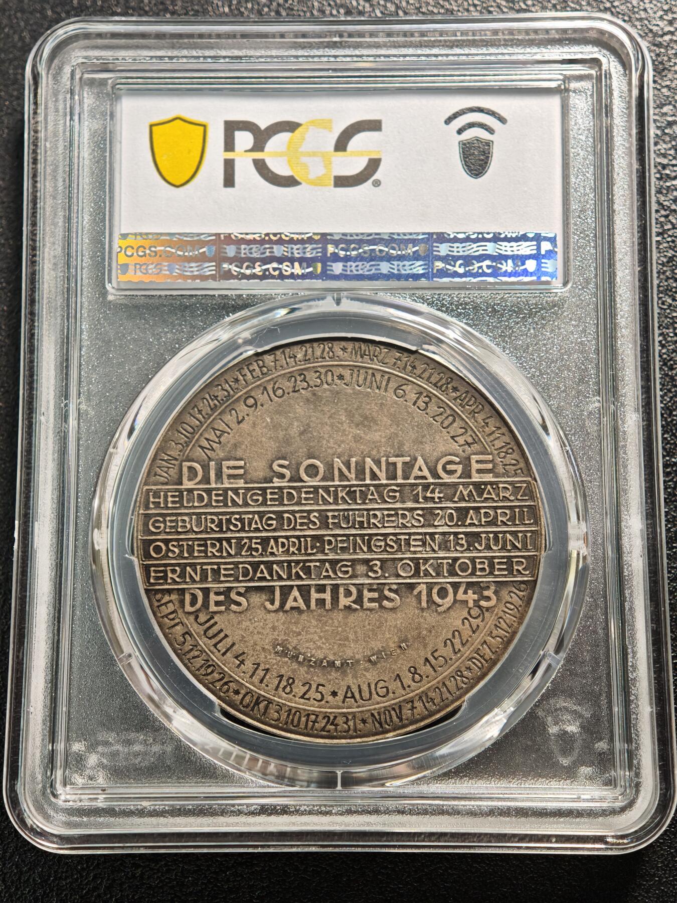 【德藏】世界币章拍卖第164期（拍品征集中~欢迎藏友联系） 1943年 德国民族社会主义工人党占领奥地利时期月亮女神日历银章 PCGS MS63