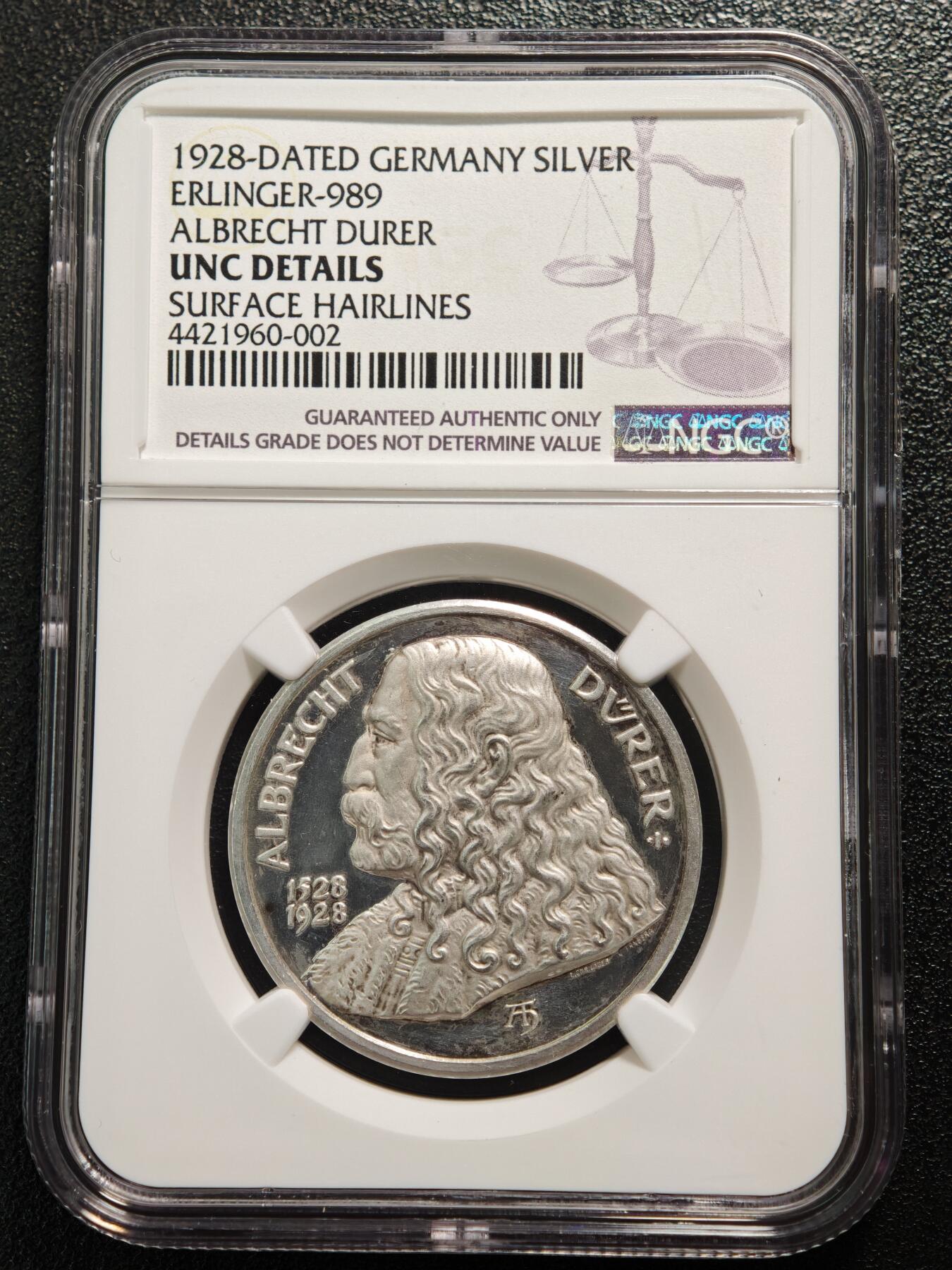 【德藏】世界币章拍卖第164期（拍品征集中~欢迎藏友联系） 1928年 德国纪念画家阿尔布雷希特·丢勒逝世400周年精制银章 NGC UNC 正面是画家丢勒长发披肩的左侧面半身像，背面是展翅鹰包围的人形家族徽章，特别繁复漂亮，雕刻精美，镜面效果，NGC早期低评