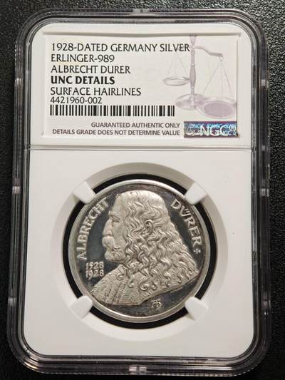 【德藏】世界币章拍卖第164期（拍品征集中~欢迎藏友联系） - 1928年 德国纪念画家阿尔布雷希特·丢勒逝世400周年精制银章 NGC UNC 正面是画家丢勒长发披肩的左侧面半身像，背面是展翅鹰包围的人形家族徽章，特别繁复漂亮，雕刻精美，镜面效果，NGC早期低评
